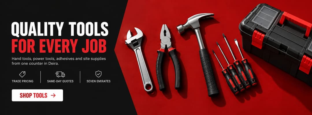 Hand tools supplied in Dubai — adjustable wrench, combination pliers, claw hammer, screwdriver set and tool box