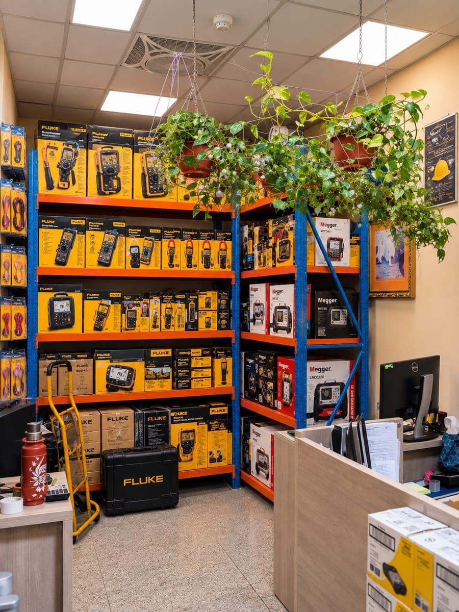 Fluke and Megger test instruments boxed on the shelves at Luluaa Hardware, Naif Road, Deira, Dubai, with a Fluke carry case and stock trolley on the shop floor