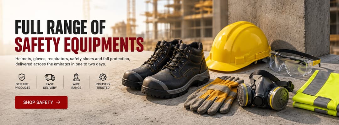 Safety equipment and PPE supplied in Dubai — safety helmet, steel toe safety boots, work gloves, safety goggles, half-face respirator and high-visibility vest