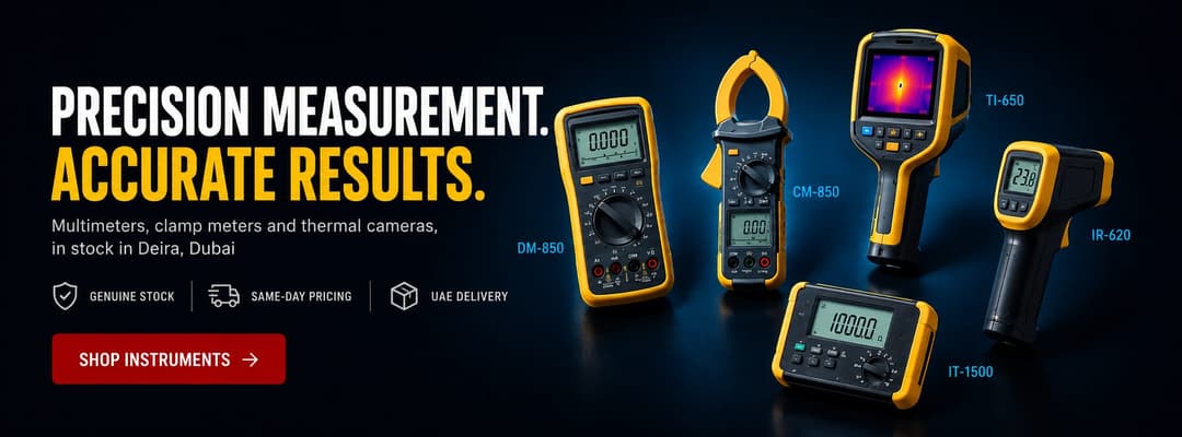 Test and measurement instruments supplied in Dubai — digital multimeter, clamp meter, thermal imaging camera, insulation resistance tester and infrared thermometer