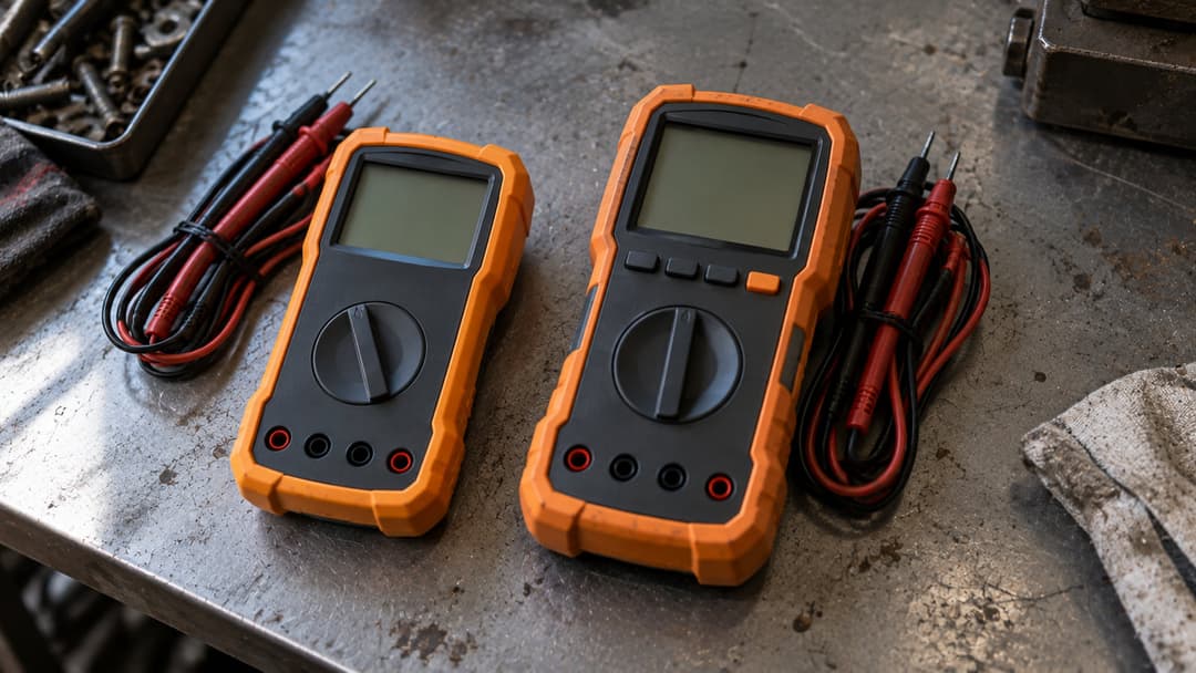 Two industrial digital multimeters side by side on a steel workbench, the larger one with extra function buttons and a bigger display, test leads coiled beside each