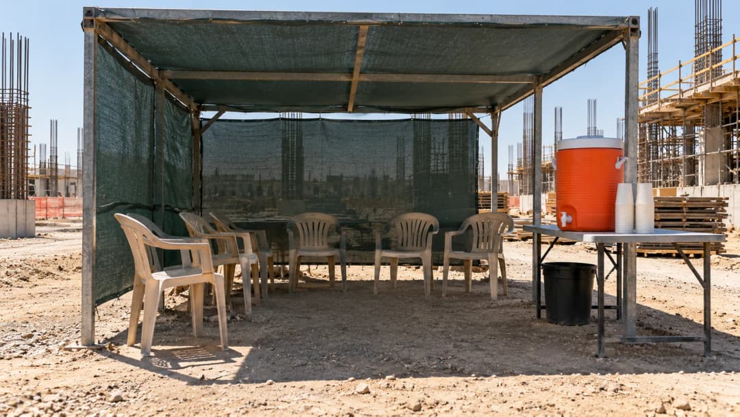 A shaded steel-framed rest shelter on a construction site with plastic chairs and a large insulated water cooler, empty of people in bright midday sun
