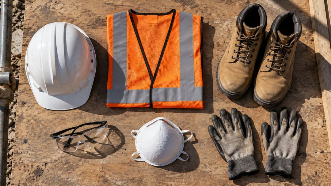 Construction site PPE laid out on plywood in bright sun: white hard hat, high-visibility vest, safety boots, safety glasses, dust mask and work gloves