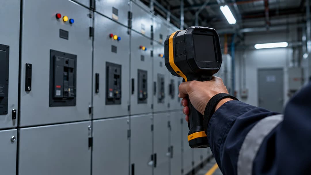 A handheld thermal imaging camera held up to survey a row of grey industrial switchgear cabinets in a dimly lit electrical switchroom