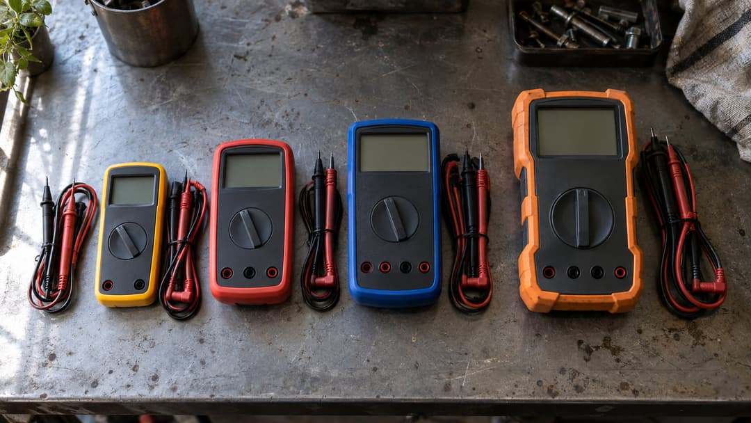 Four digital multimeters laid out in a row on a steel workbench, ranging from a slim pocket meter to a large rugged one, each with coiled red and black test leads