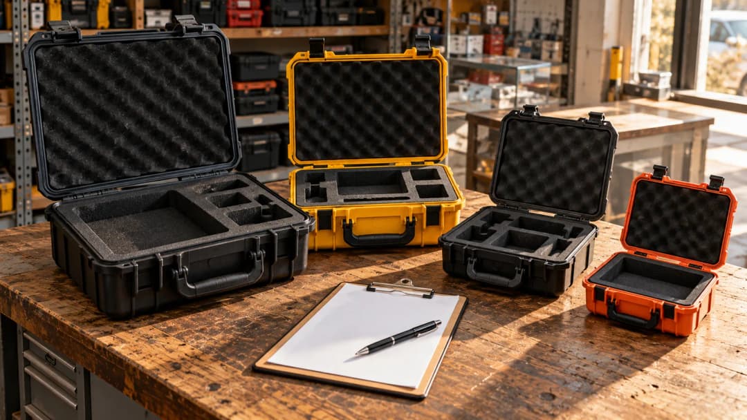 Hard-shell instrument carry cases of different sizes standing open on a worn wooden trade counter, their moulded foam interiors empty, in warm afternoon light