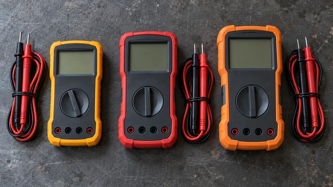 Three handheld digital multimeters in yellow, red and orange holsters laid side by side on a grey workbench, each with coiled red and black test leads